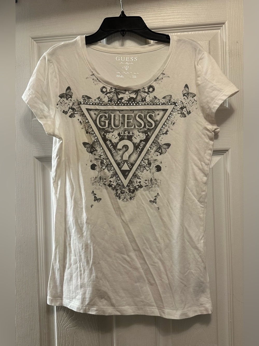 GUESS White Short Sleeve Tee with Gray Logo Triangle and Butterfly Print